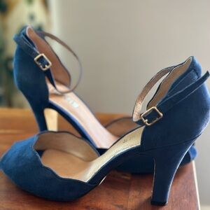 Chelsea Crew Navy Suede Scalloped Ankle-Strap Heels